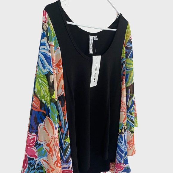 KB Studio Floral Print Blouse Womens Large Black Multicolor Drape Sleeve Top New - Picture 4 of 11